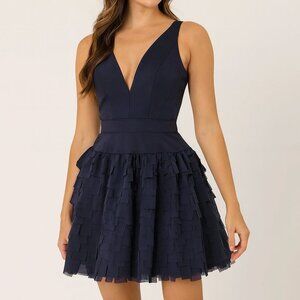 Aidan‎ Mattox Purple Fringe Tiered Double V Neck Dress 4